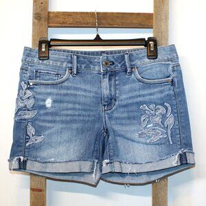 WHBM Custom Distress Denim “The Short” w/Floral Embroidered Applique